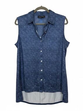 Tango Mango XL Hi-lo Hem Blue Sleeveless Button-Down Tunic Gem Accents | EUC
